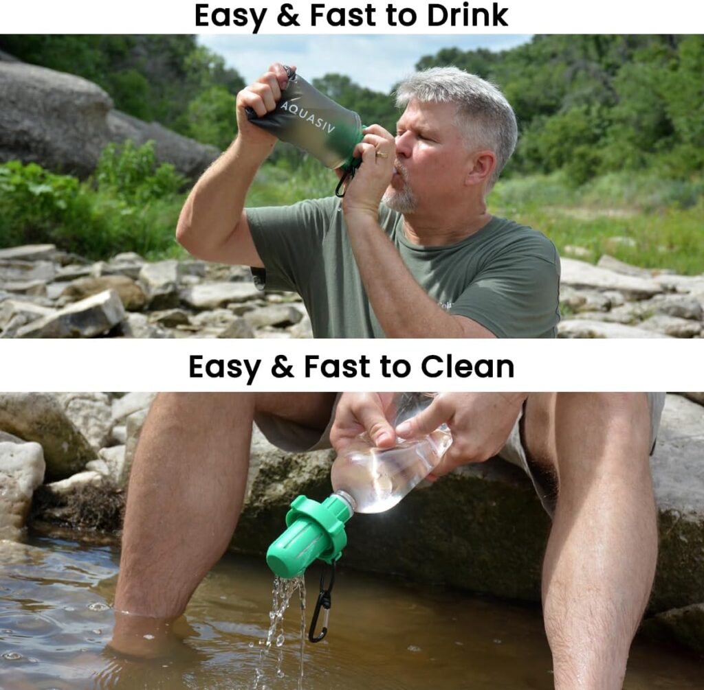 AQUASIV Day Hiker Squeeze Filter - Lightweight Personal Survival Water Filter - Reliable Camping  Hiking Water Filter - Filters 99.999% Harmful Biological Contaminants for Emergency Preparedness