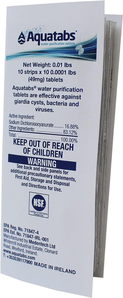 Aquatabs 49mg Water Purification Tablets (100 Pack). Water Filtration System for Hiking, Backpacking, Camping, Emergencies, Survival, and Home-Use. Easy to Use Water Treatment and Disinfection.