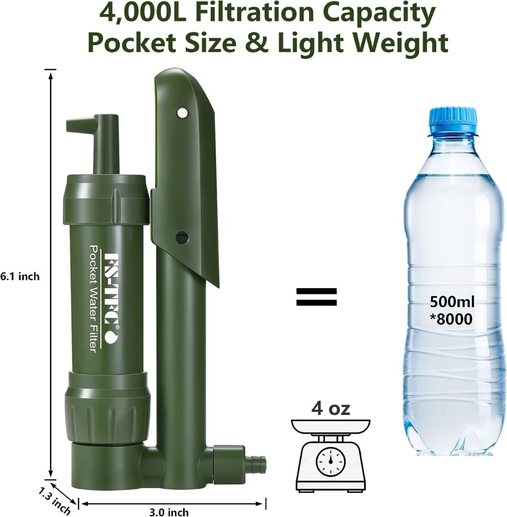 FS-TFC Pocket Water Filter Hand Pump Portable Water Purifier Emergency Survival Gear for Drinking Backpacking Hiking Camping Outdoor Filtration