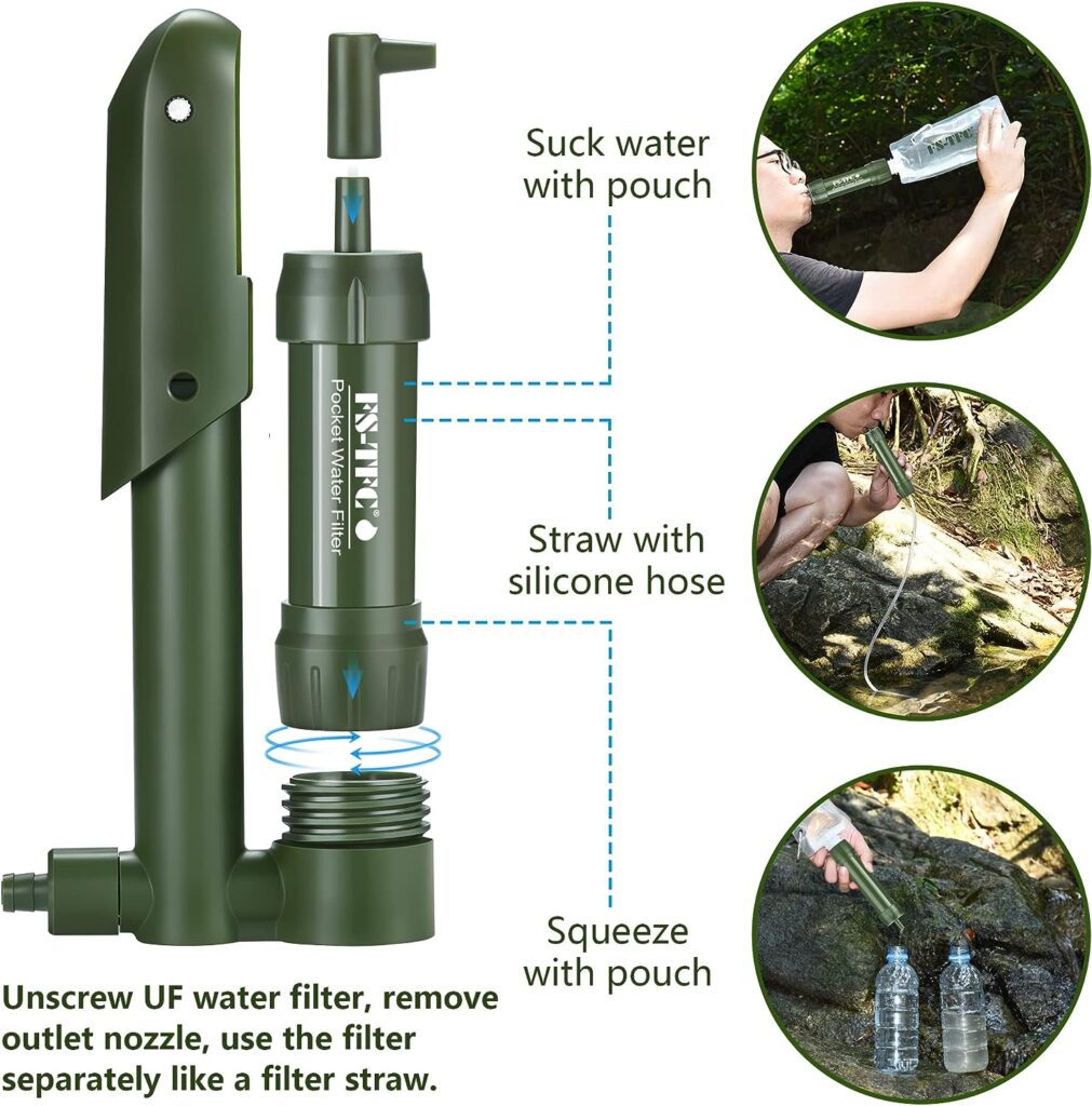 FS-TFC Pocket Water Filter Hand Pump Portable Water Purifier Emergency Survival Gear for Drinking Backpacking Hiking Camping Outdoor Filtration