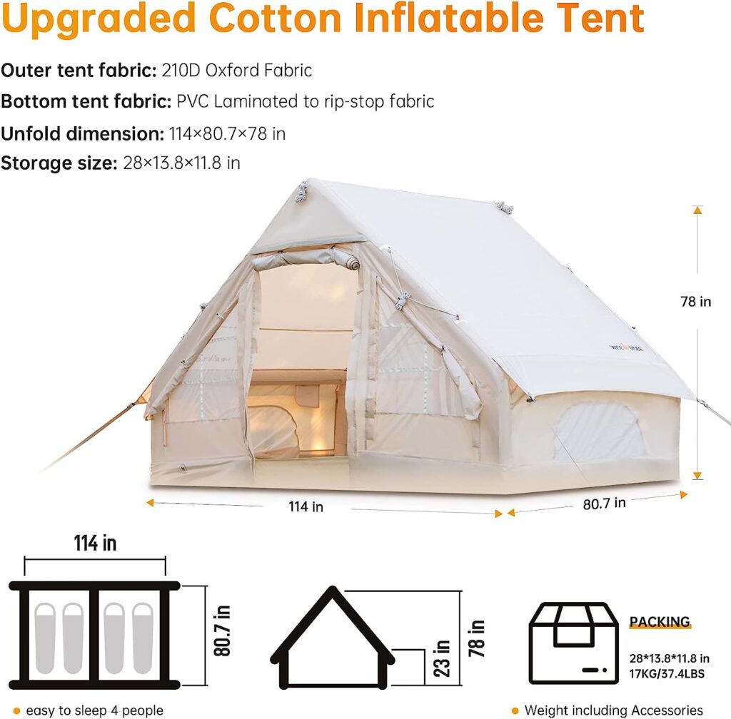 Inflatable Camping Tent with Pump, Glamping Tents, Easy Setup 4 Season Waterproof Windproof Outdoor Blow Up Tent, Luxury Cabin Tent with Mesh Windows  Doors