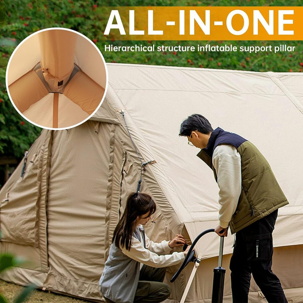 Inflatable Camping Tent with Pump, Glamping Tents, Easy Setup 4 Season Waterproof Windproof Outdoor Blow Up Tent, Luxury Cabin Tent with Mesh Windows  Doors