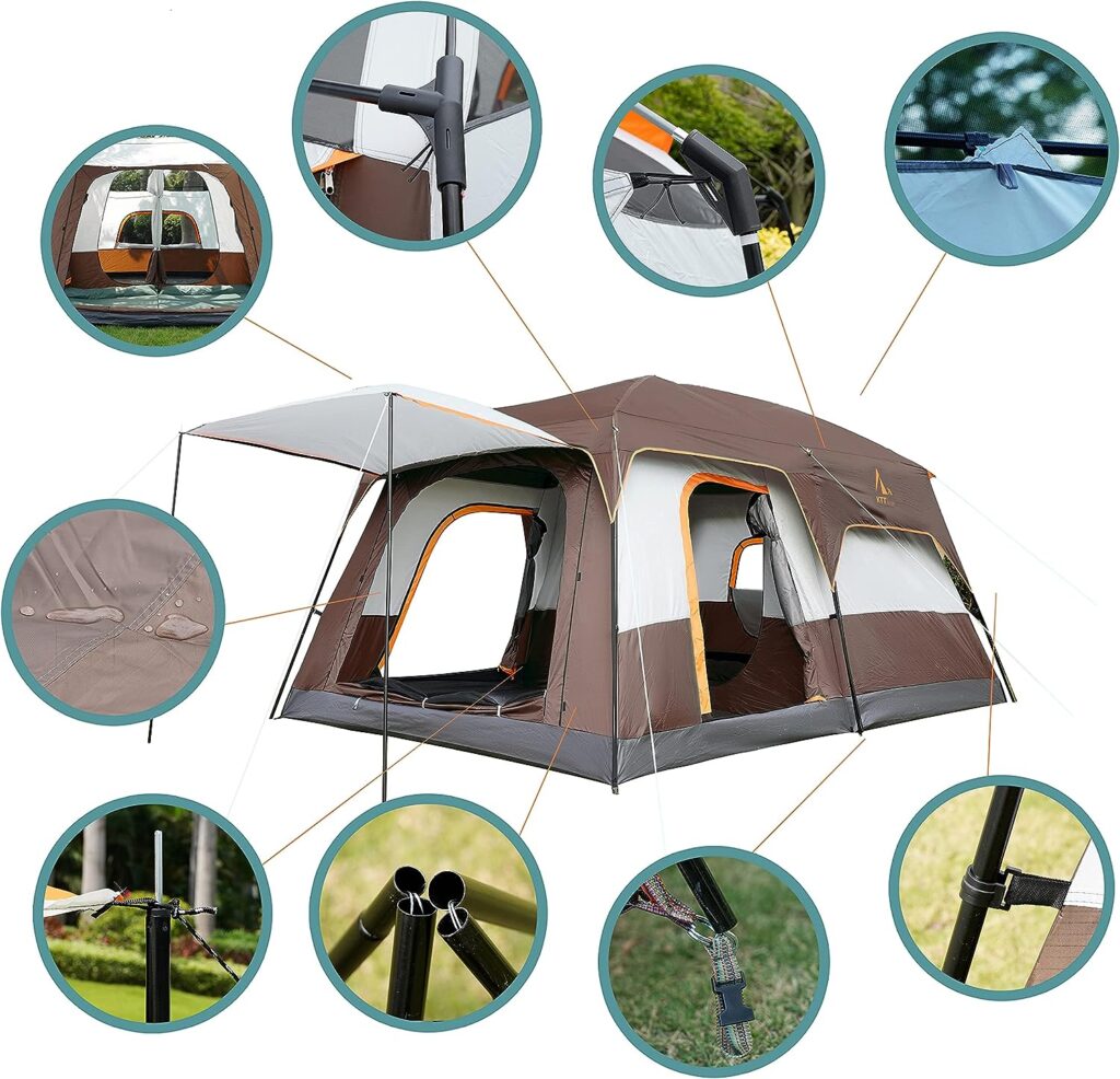 KTT Extra Large Tent 12 Person(Style-A),Family Cabin Tents,2 Rooms,Straight Wall,3 Doors and 3 Window with Mesh,Waterproof,Double Layer,Big Tent for Outdoor,Picnic,Camping,Family Gathering.