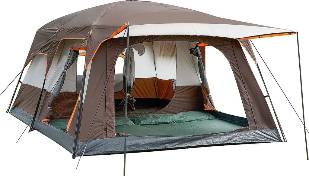 KTT Extra Large Tent 12 Person(Style-A),Family Cabin Tents,2 Rooms,Straight Wall,3 Doors and 3 Window with Mesh,Waterproof,Double Layer,Big Tent for Outdoor,Picnic,Camping,Family Gathering.