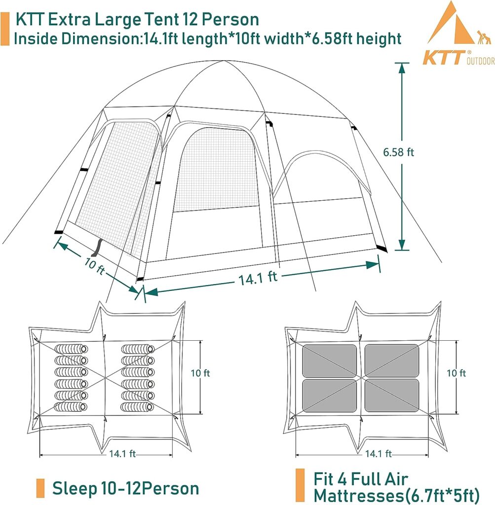 KTT Extra Large Tent 12 Person(Style-A),Family Cabin Tents,2 Rooms,Straight Wall,3 Doors and 3 Window with Mesh,Waterproof,Double Layer,Big Tent for Outdoor,Picnic,Camping,Family Gathering.