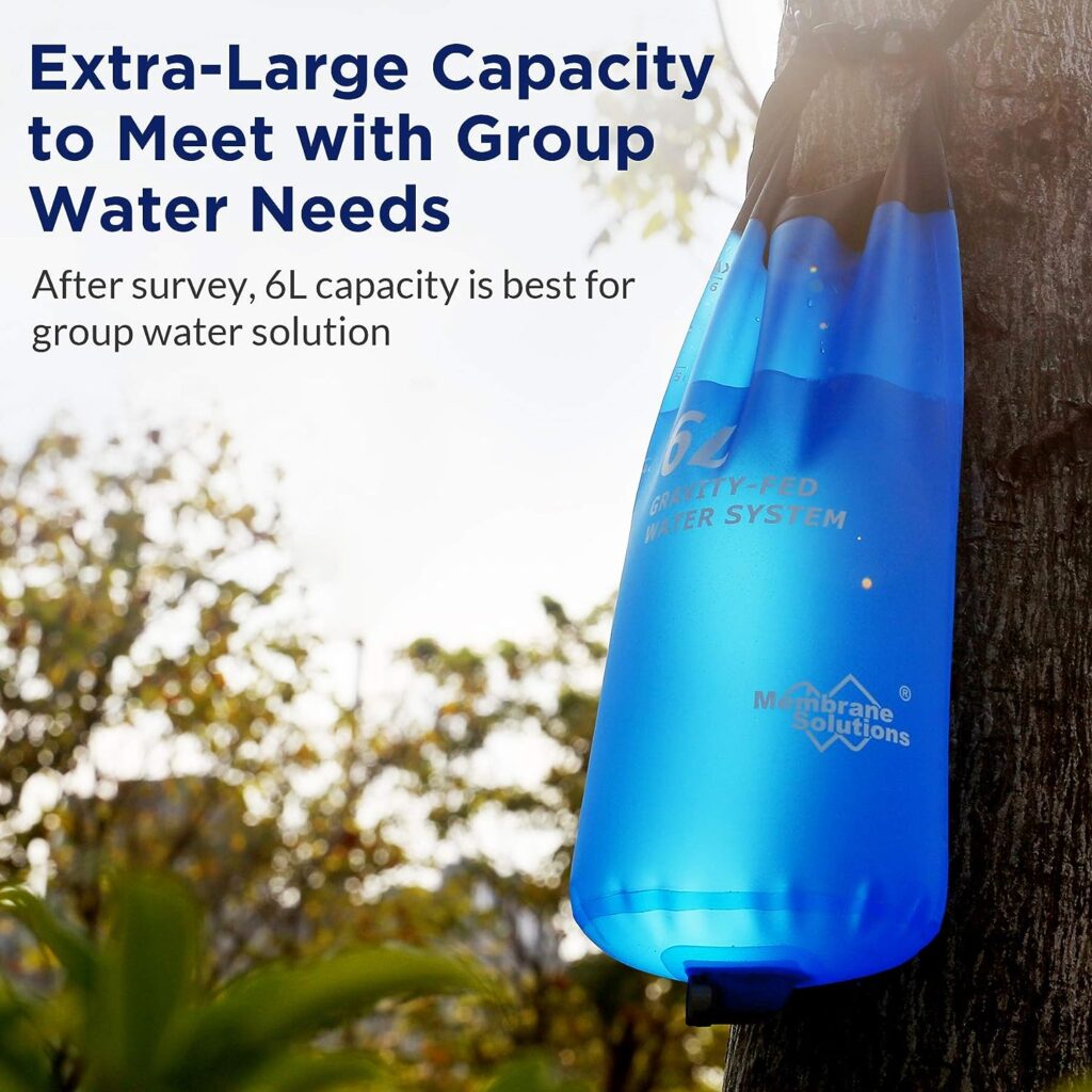 Membrane Solutions Gravity Water Filter Pro 6L, 0.1-Micron Versatile Water Purifier Camping with Adjustable Tree Strap Storage Bag, Survival Gear and Equipment for Group Camping Emergency Preparedness