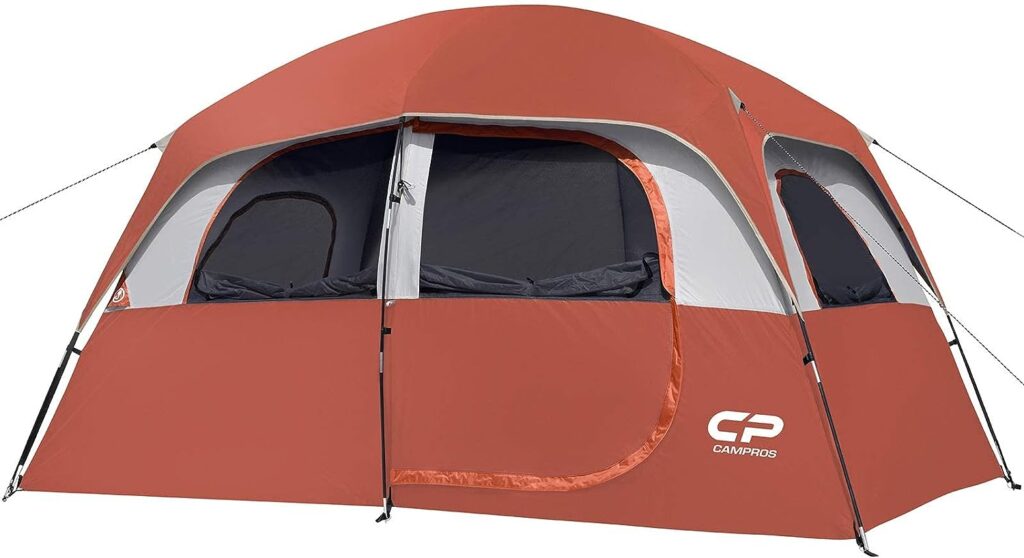 CAMPROS CP Tent-6-Person-Camping-Tents, Waterproof Windproof Family Tent with Top Rainfly, 4 Large Mesh Windows, Double Layer, Easy Set Up, Portable with Carry Bag