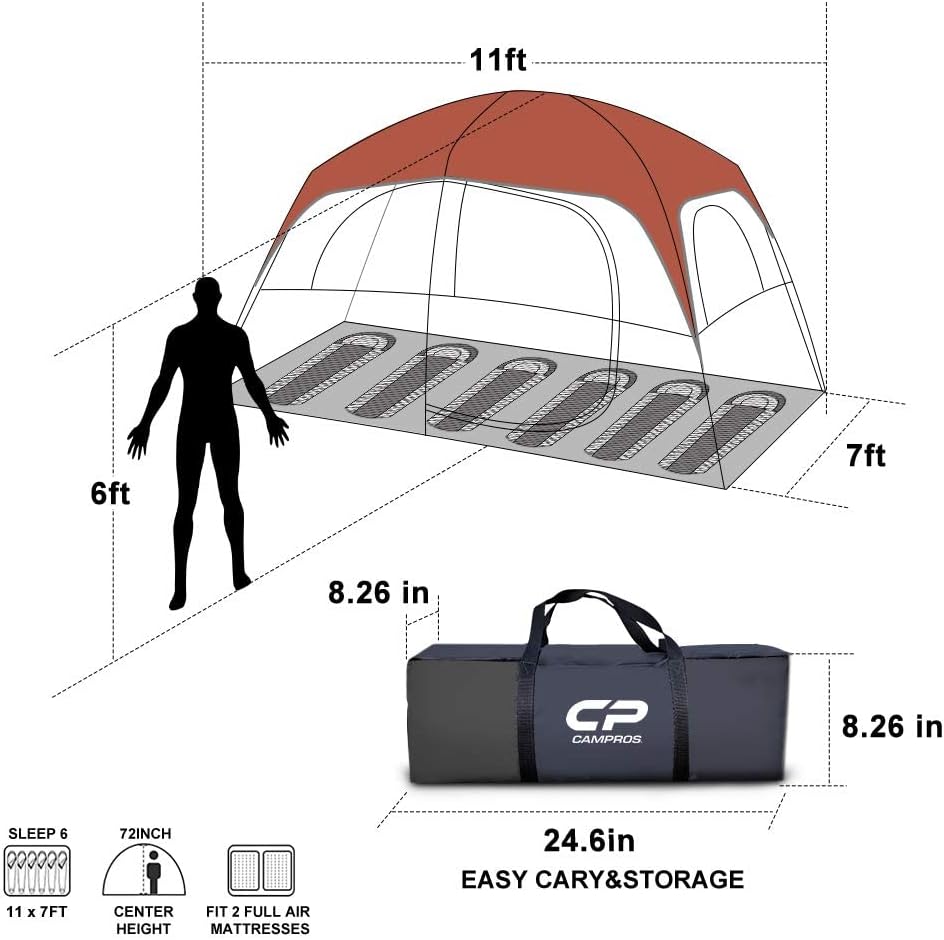 CAMPROS CP Tent-6-Person-Camping-Tents, Waterproof Windproof Family Tent with Top Rainfly, 4 Large Mesh Windows, Double Layer, Easy Set Up, Portable with Carry Bag