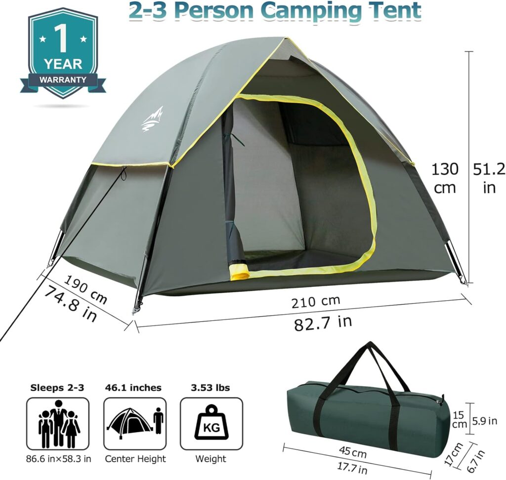 GLADTOP Camping Tent 1/2/3 Person Waterproof Windproof Tent with Removable Rainfly and Carry Bag, Easy Set Up Portable Camping Tent,Lightweight Outdoor Tent for Backpacking, Hiking or Beach