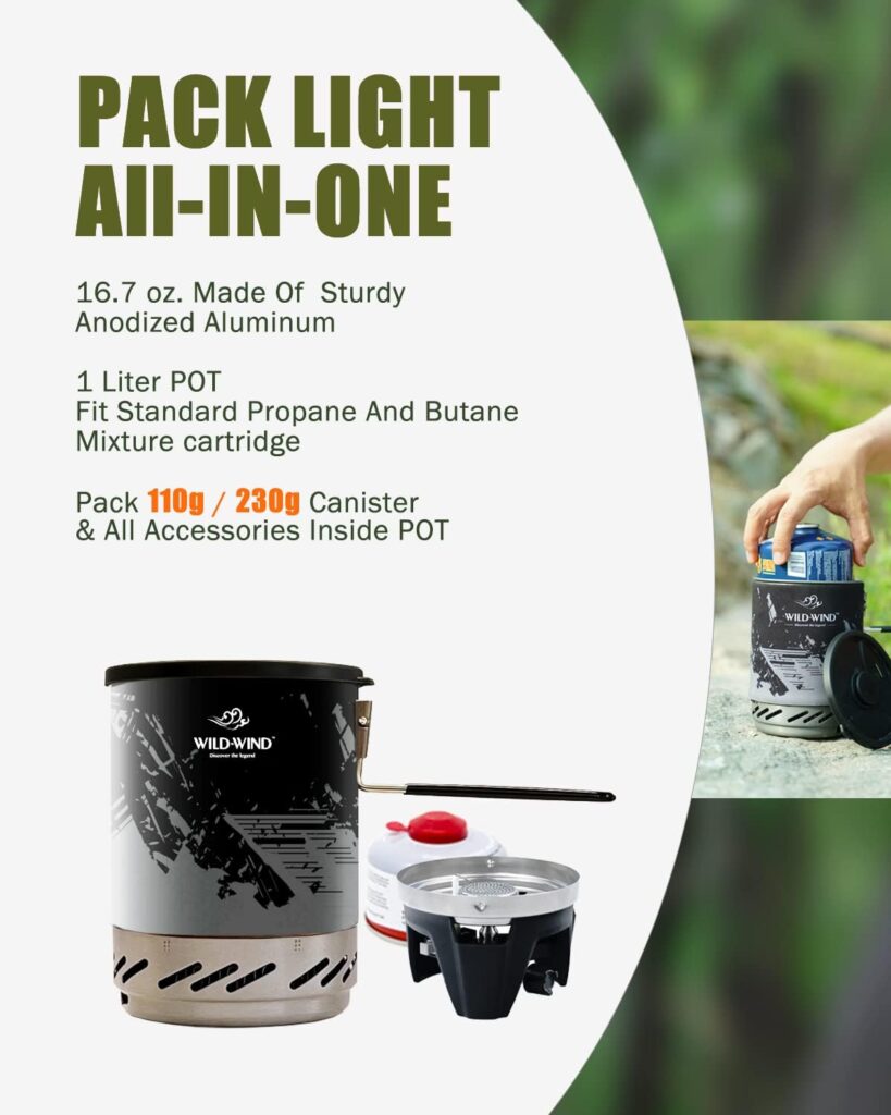 Portable Backpacking Stove WILD-WIND X0 Lightweight Camping Stove Cooking System 1 Liter Pot, One-Piece Design Camp Stove Propane for Hiking, Fishing, Hunting Emergency  Survival (black/grey)