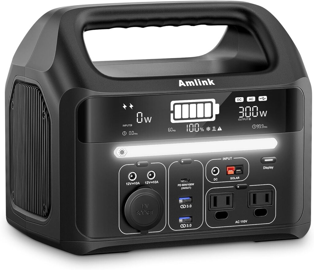 Portable Power Station for Camping 300W 299Wh LiFePO4 Battery Powered Generator, 2 Up to 300W AC Outlets 100W USB C and PD Total 8 Output Ports, Home Battery Backup for Outdoor 93600mAh with LED Light