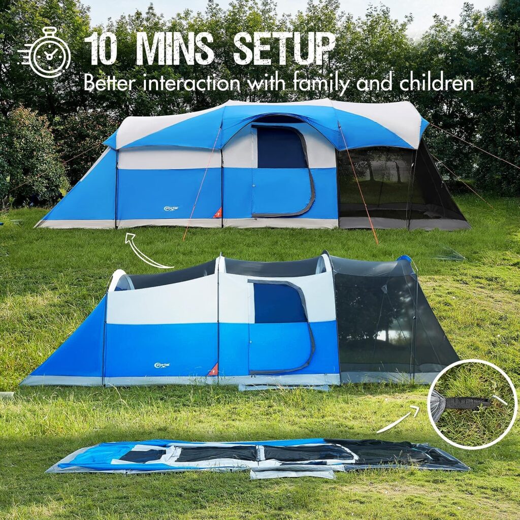 PORTAL 8 Person Family Camping Tent with Screen Porch, Portable Waterproof Windproof Cabin Tent with Rainfly, Carry Bag for Family Camping, Outdoor Hiking