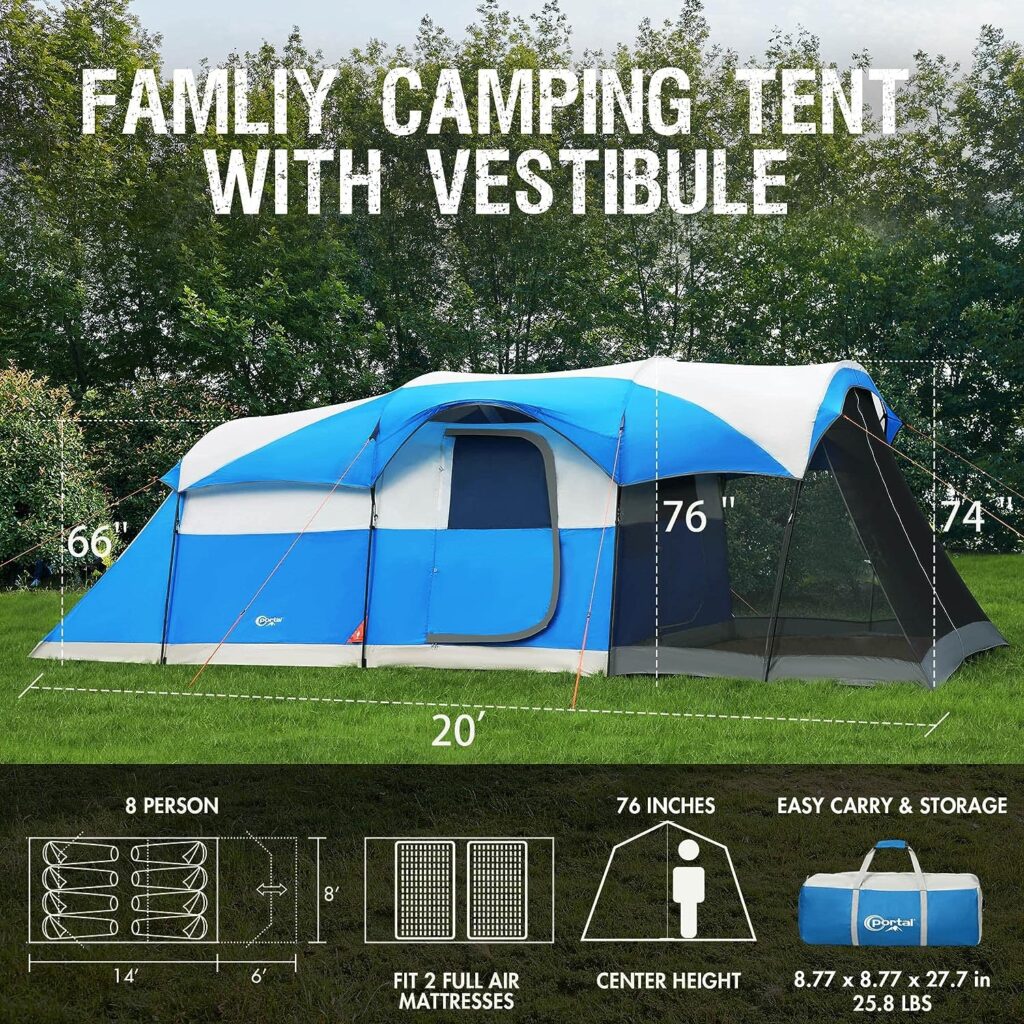 PORTAL 8 Person Family Camping Tent with Screen Porch, Portable Waterproof Windproof Cabin Tent with Rainfly, Carry Bag for Family Camping, Outdoor Hiking