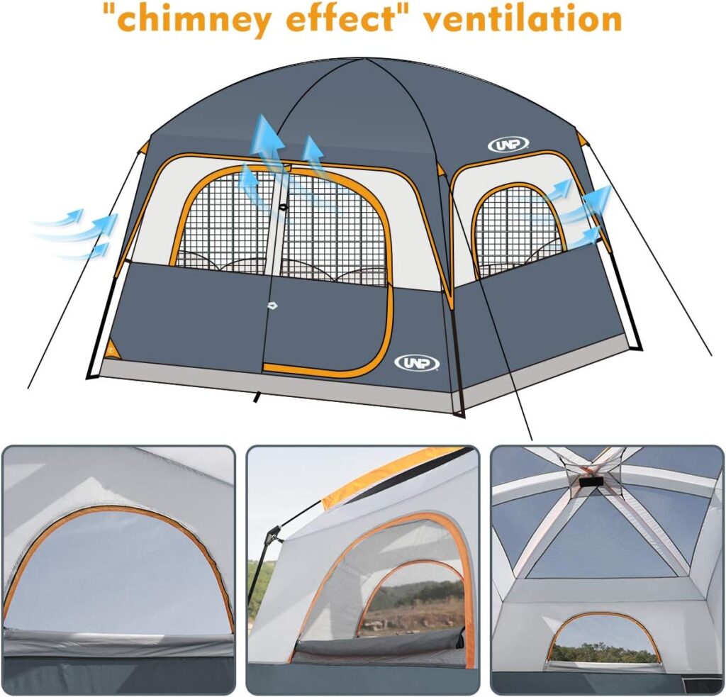 UNP Tents 6 Person Waterproof Windproof Easy Setup,Double Layer Family Camping Tent with 1 Mesh Door  5 Large Mesh Windows -10X9X78in(H)