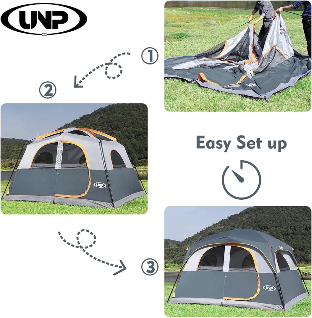 UNP Tents 6 Person Waterproof Windproof Easy Setup,Double Layer Family Camping Tent with 1 Mesh Door  5 Large Mesh Windows -10X9X78in(H)