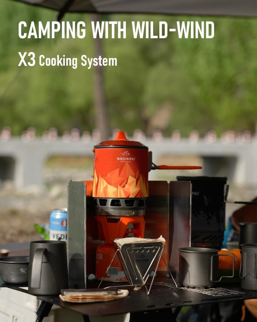 WILD-WIND Star X3 Outdoor Camping and Backpacking Stove Cooking System,1 Liter Portable Propane Camp Cooking,Gear Pot/Jet Burner Stove System with Piezo Ignition POT Support (Orange)