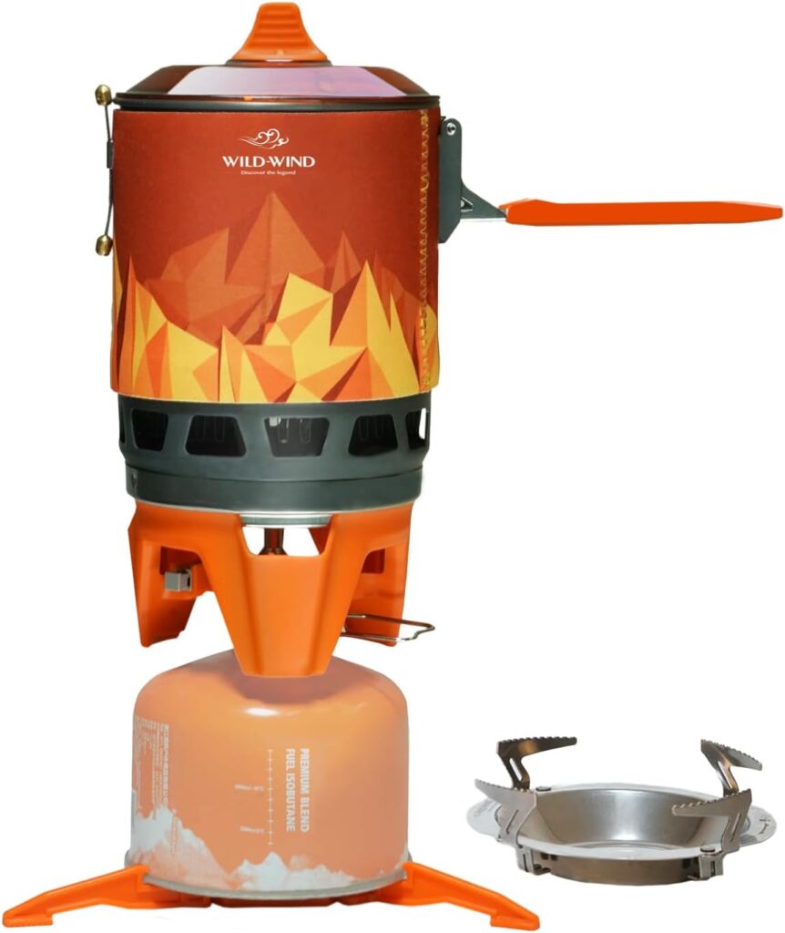 WILD-WIND Star X3 Outdoor Camping and Backpacking Stove Cooking System,1 Liter Portable Propane Camp Cooking,Gear Pot/Jet Burner Stove System with Piezo Ignition POT Support (Orange)