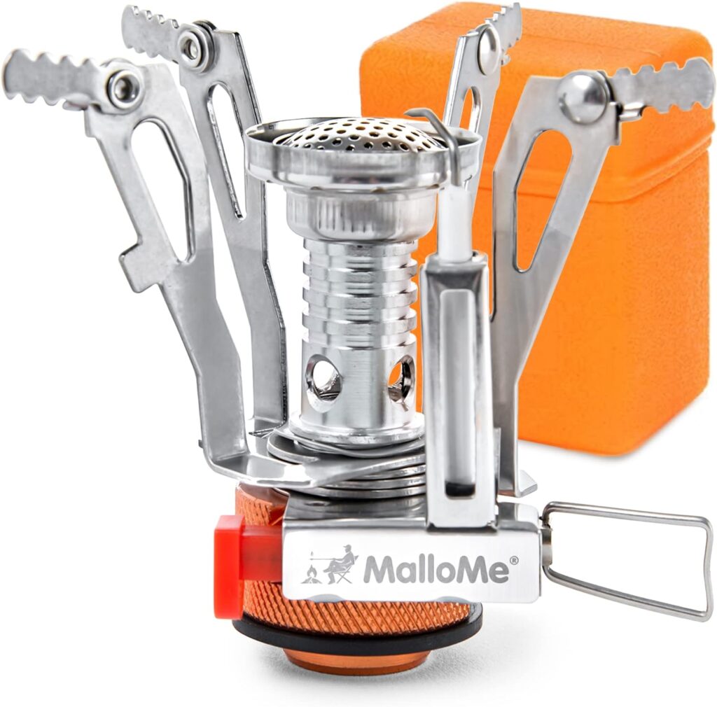 MalloMe Backpacking Stove - Portable Camping Stove - Small Backpack Camp Single Burner for Propane Butane Isobutane Fuel Canister - Mini Pocket Rocket Jet Boiler for Hiking  Gas Cooking