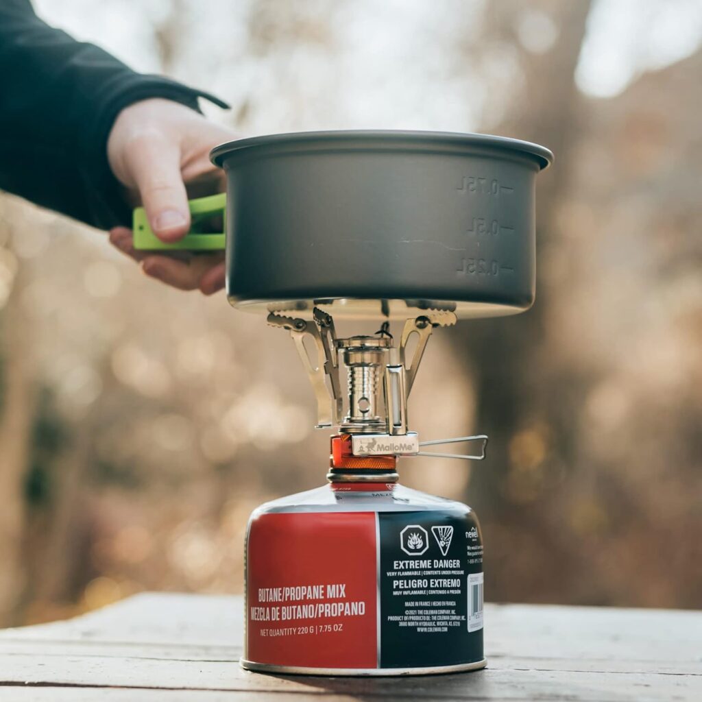 MalloMe Backpacking Stove - Portable Camping Stove - Small Backpack Camp Single Burner for Propane Butane Isobutane Fuel Canister - Mini Pocket Rocket Jet Boiler for Hiking  Gas Cooking